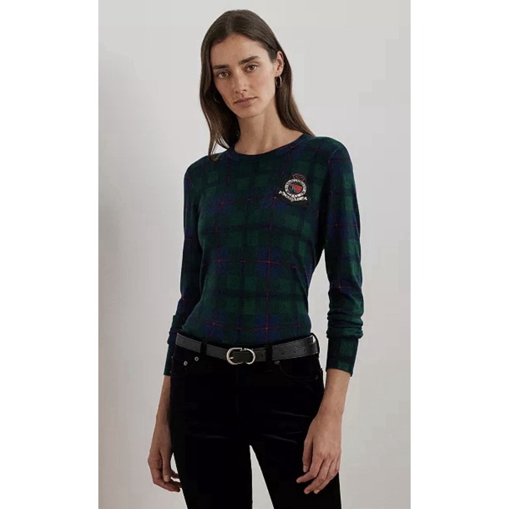 Lauren Ralph Lauren Women Black Watch Plaid Green Sweater Beaded Crest Size PXL